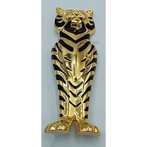 Tiger Pin Brooch Vintage Gold Black Rhinestone King Cat Heavy 1980s vintage